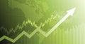 Widescreen abstract financial chart with uptrend line arrow graph and world map on green color background Royalty Free Stock Photo