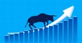 Widescreen Abstract financial chart with uptrend line graph arrow and walking bull icon in stock market on blue color background Royalty Free Stock Photo