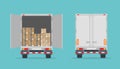 Open delivery truck with cardboard boxes and closed truck. Isolated on blue background. Back view.