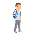 Boy with bag isolated on white background. Vector illustration of child with backpack