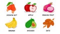 Fruits, Fruits Collection, Cashew Nut, Apple, Dragon Fruit, Banana, Avocado, Date Royalty Free Stock Photo