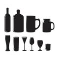 Black bottles and glasses set for bar or cafe black and white illustrations logo symbol silhouette Royalty Free Stock Photo