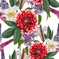 Nature seamless pattern. Hand drawn summer background: red dahlia, lilac, lilies and lupines flowers. Royalty Free Stock Photo