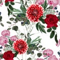 Nature seamless pattern. Hand drawn summer background: succulent, herbs and pink orchid, red roses and dahlia flowers. Royalty Free Stock Photo