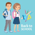 Back to school banner. Boy and girl with bags and school supplies on blue background. Royalty Free Stock Photo