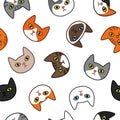 Various cats heads seamless pattern. Cute and funny cartoon kitty cat vector illustration set with different cat breeds. Royalty Free Stock Photo