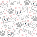 White cats seamless pattern with pink hearts and paws.