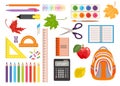 Set of school and office supplies. Color icons of tools for writing, drawing, learning Royalty Free Stock Photo