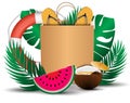 Realistic watermelon, coconut, red lifebuoy, red flip flops on the bag, and leaves on white background for your creativity