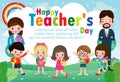 Happy teacher`s day poster concept, World teachers day flat vector banner template, teachers and pupils celebrating international