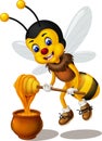 Funny Yellow Bee With Honey Cartoon