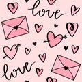 Cartoon Valentine`s day vector pattern with hand drawn hearts, love letters, envelopes and words love. Design for gift wrap, stati