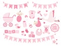 Baby girl shower design elements. Vector set of cute newborn icons. Royalty Free Stock Photo