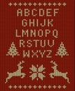 Vector knitted letter set, reindeer, snowflakes and Christmas trees on knitted red background
