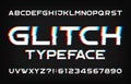 Glitch alphabet font. Digital distort letters and numbers on black background.