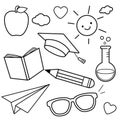 School themed sketch icons. School supplies, science symbols, study theme doodles. Vector black and white coloring page. Royalty Free Stock Photo