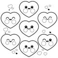 Cute heart characters. Vector black and white coloring page.