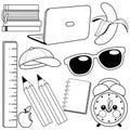 Cute school stationery and art supplies for students. School objects. Vector black and white coloring page. Royalty Free Stock Photo