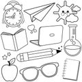 Cute school stationery and art supplies for students. School objects. Vector black and white coloring page.