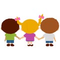 Children holding hands. Rear view of a girl and a boy holding hands. Vector illustration