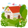 School building. Kindergarten or school building in the country. Play yard and garden. Vector illustration