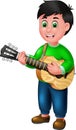 Funny Boy In Green Shirt Playing Guitar Cartoon