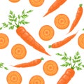 Carrots seamless pattern. Fresh vegetables whole, slices and green leaves.