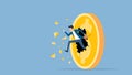 Flat vector illustration businessman speed running breakthrough to dollar coin money