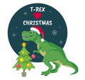 Tyrannosaurus Rex Christmas Card.  Dinosaur in Santa hat decorates Christmas tree. Royalty Free Stock Photo