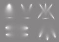 Vector spotlight set. Bright light beam. Transparent realistic effect. Stage lighting.Stage spot vector lamp white. Abstract adver Royalty Free Stock Photo