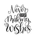 Never stop making wishes - inscription hand lettering vector.Typography design. Greetings card Royalty Free Stock Photo