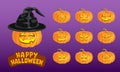 Happy Halloween set. Collection of pumpkins with different scary and funny faces Royalty Free Stock Photo