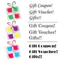 Gift coupon - gift voucher logo - gift boxes symbol in multiple colors and texts vector