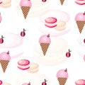 Seamless pattern with ice cream cone and pink macaroons vector - pink theme