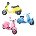 Vespa Motorcycle watercolor collection on white background Hand drawn painting Royalty Free Stock Photo
