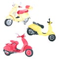Vespa Motorcycle watercolor collection on white background Hand drawn painting Royalty Free Stock Photo