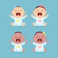 Set of sitting and crying little caucasian baby and black baby, baby boy and baby girl Royalty Free Stock Photo