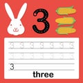 Number three, card for kids learning to count and to write, worksheet for kids to practice writing skill, Vector illustration