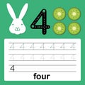 Number four, card for kids learning to count and to write, worksheet for kids to practice writing skill, Vector illustration