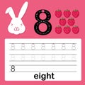 Number eight, card for kids learning to count and to write, worksheet for kids to practice writing skill, Vector illustration