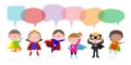 Cute superhero kids with speech bubbles, Set of super hero child with speech bubbles isolated on white background, Vector Royalty Free Stock Photo