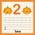 Number 2, card for kids learning to count and to write, worksheet for kids to practice writing skill, Vector illustration