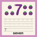 Number 7, card for kids learning to count and to write, worksheet for kids to practice writing skill, Vector illustration