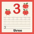 Number 3, card for kids learning to count and to write, worksheet for kids to practice writing skill, Vector illustration Royalty Free Stock Photo