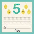 Number 5, card for kids learning to count and to write, worksheet for kids to practice writing skill, Vector illustration