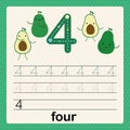 Number 4, card for kids learning to count and to write, worksheet for kids to practice writing skill, Vector illustration