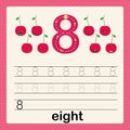 Number 8, card for kids learning to count and to write, worksheet for kids to practice writing skill, Vector illustration