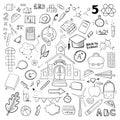 Vector school supplies, doodle hand drawn graphic school illustrations