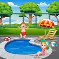 Happy boy and girl enjoying playing in outdoor pool