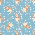 Christmas happy baby teddy bear seamless pattern with merry Christmas text and snowflakes